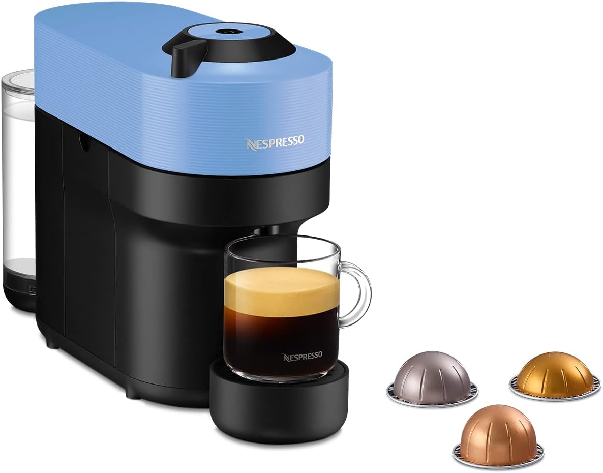 NESPRESSO Vertuo Pop Blue Coffee MachineKitchen AppliancesAdd a touch of colour to your life with the Nespresso Vertuo Pop machine.Bursting in a range of six vibrant colours, from Spicy Red to Pacific Blue, Vertuo Pop makes a bold statement to match your